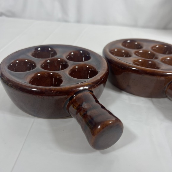 Vintage Two Escargot Dish Brown Stoneware Dishes - Picture 2 of 11